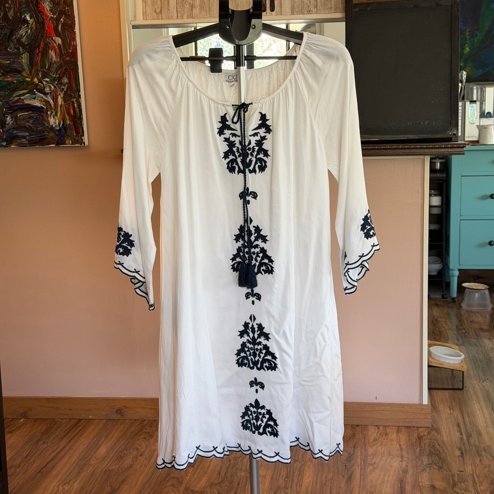 Coastal Chic Mediterranean Petite L Embroidered Peasant Dress BohoTunic NWT